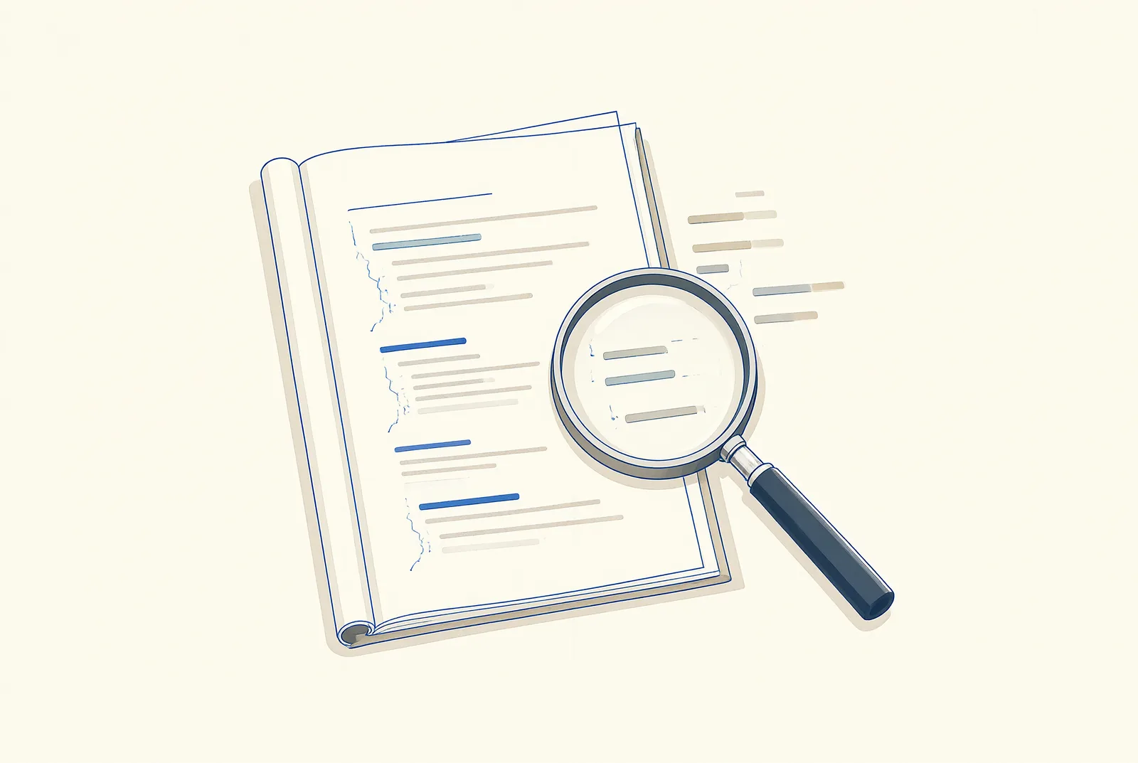 Official documentation pages and a magnifying glass over code