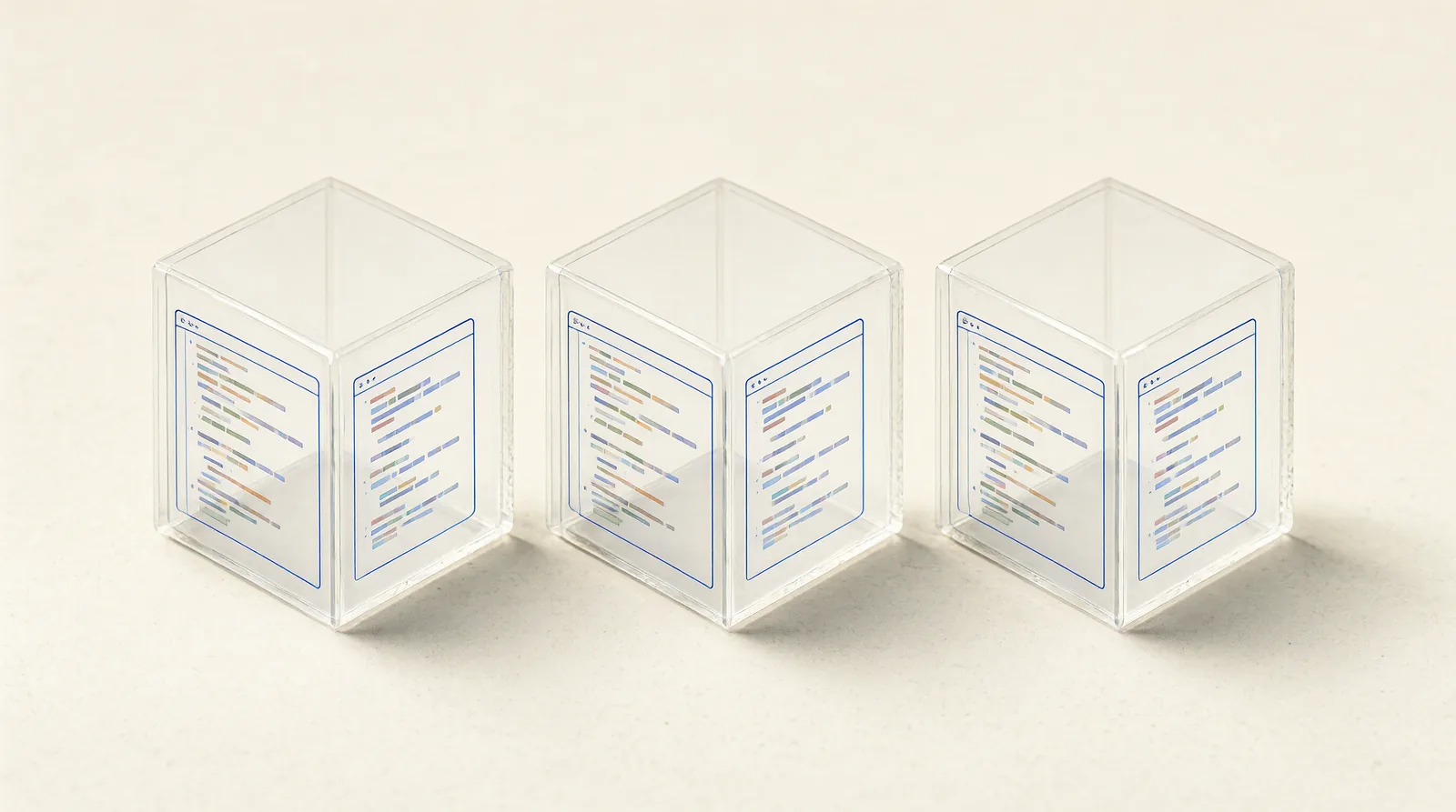 Three isolated sandboxes, each containing an abstract code editor